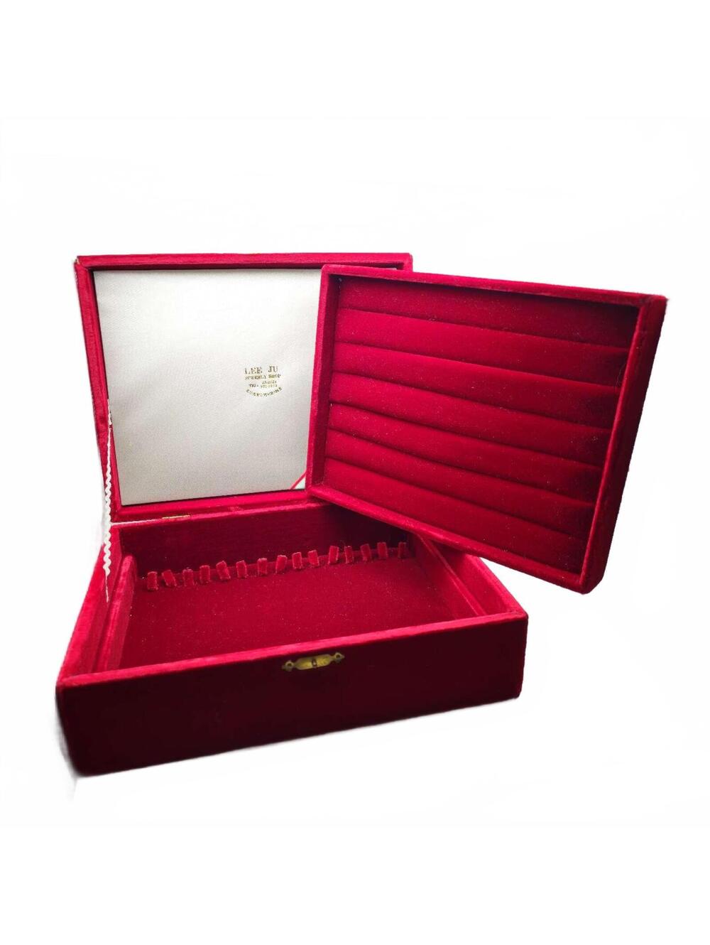 Red Velvet Jewelry Box With Ring Holder 1970's 11" X 8.5" x 4"